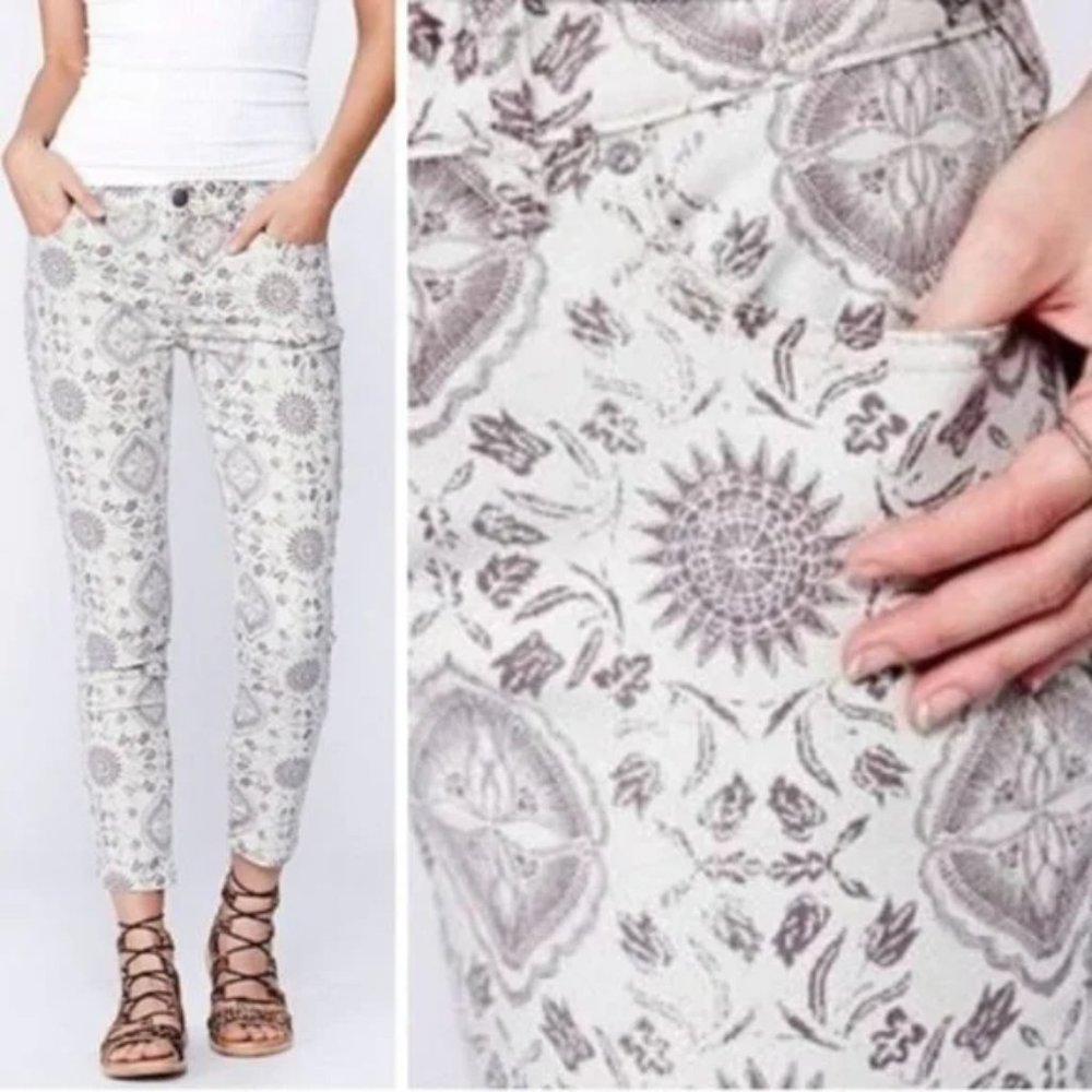 Free People Sundial Jeans 26 Printed Skinny Cropped Ivory Taupe